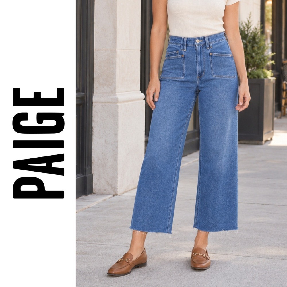 PAIGE, Anessa Sunnie Distressed Wide Leg Jeans Crop Raw Hem Blue Size 32